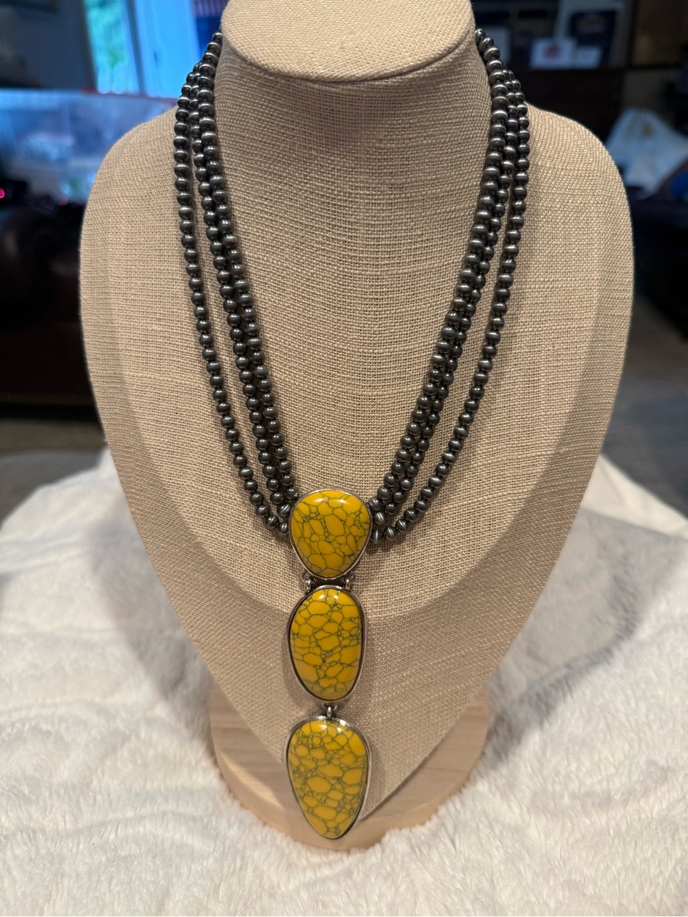 Yellow Turquoise Triple-Teardrop Necklace with Hematite Beads